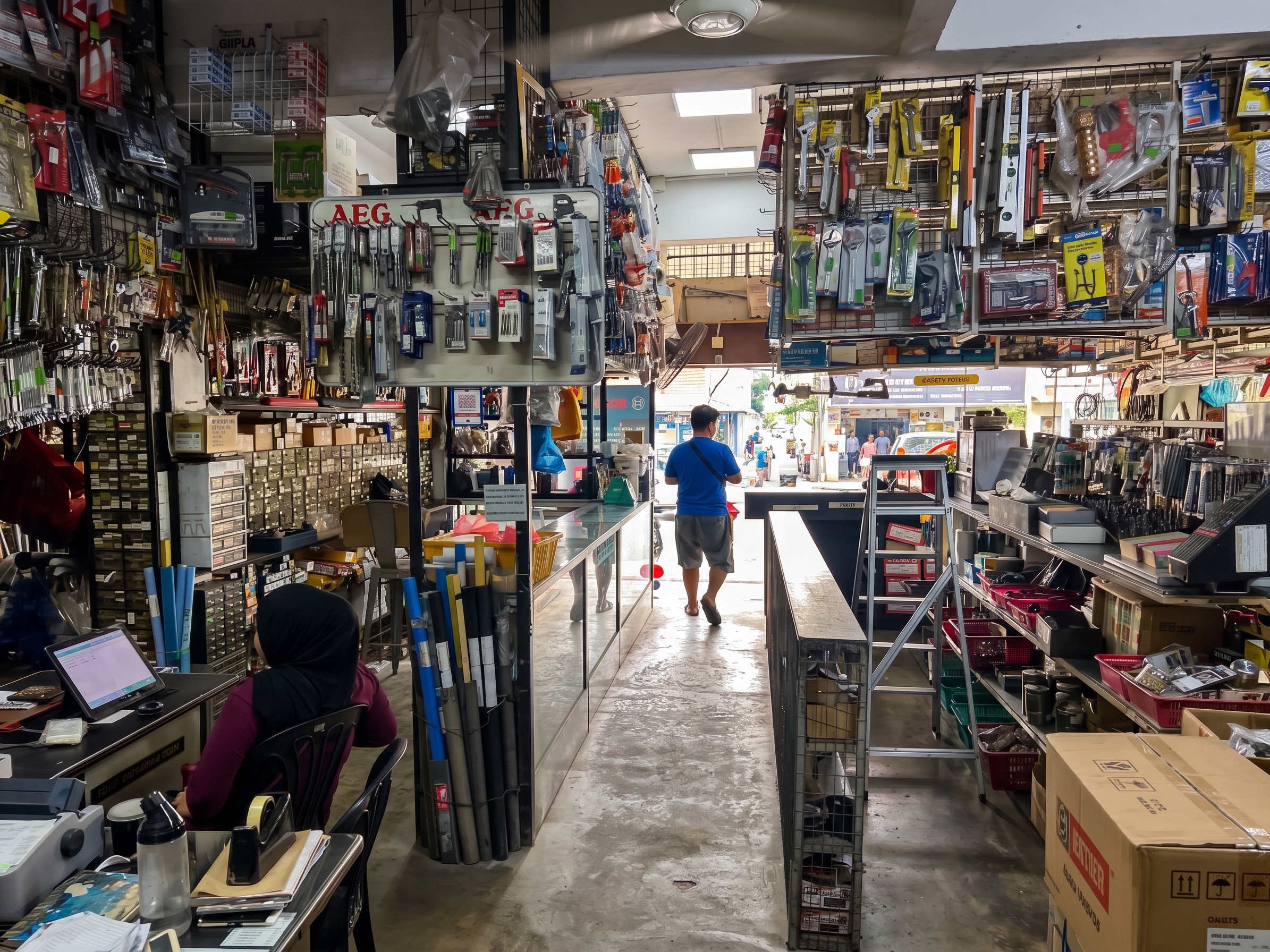 Inside the Bann Edar Sdn. Bhd. hardware shop in Kangar, Perlis — industrial hardware, power tools and gas supply