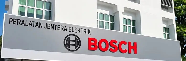 Papan tanda rasmi Bosch di premis Bann Edar Sdn. Bhd., Kangar — pengedar sah alatan kuasa Bosch di Perlis