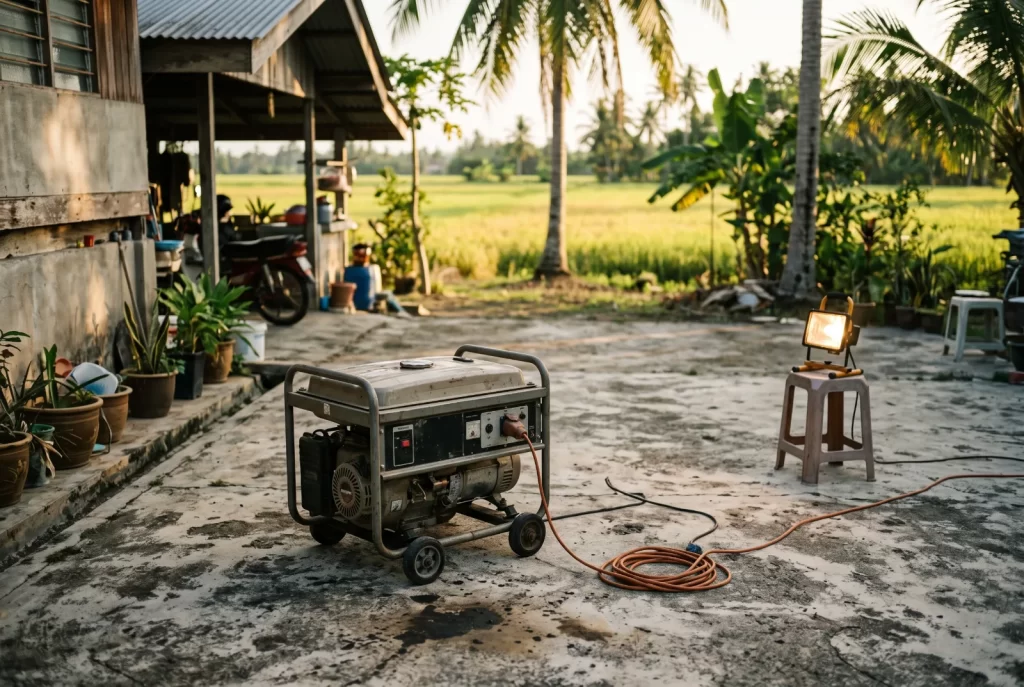 Generator petrol mudah alih membekalkan elektrik untuk lampu kerja di halaman rumah kampung di Perlis