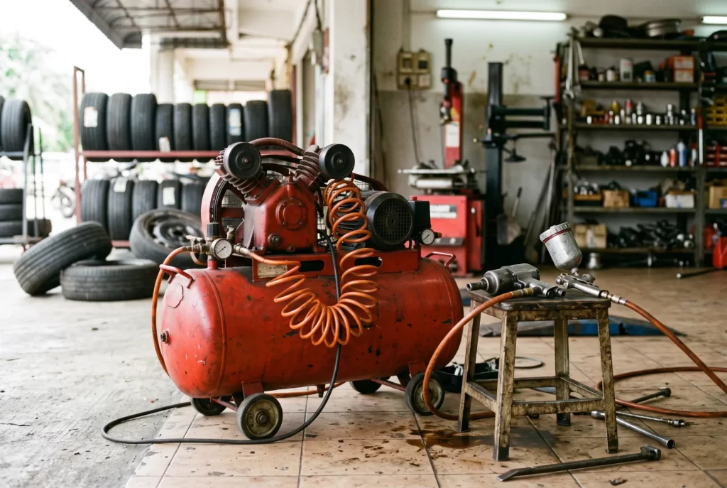 Kompresor angin piston dengan tangki dan hos angin di kedai tayar di Perlis