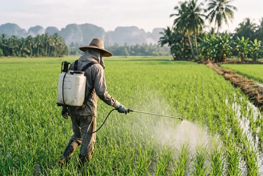 Petani menyembur racun dengan pam racun galas di sawah padi di Perlis