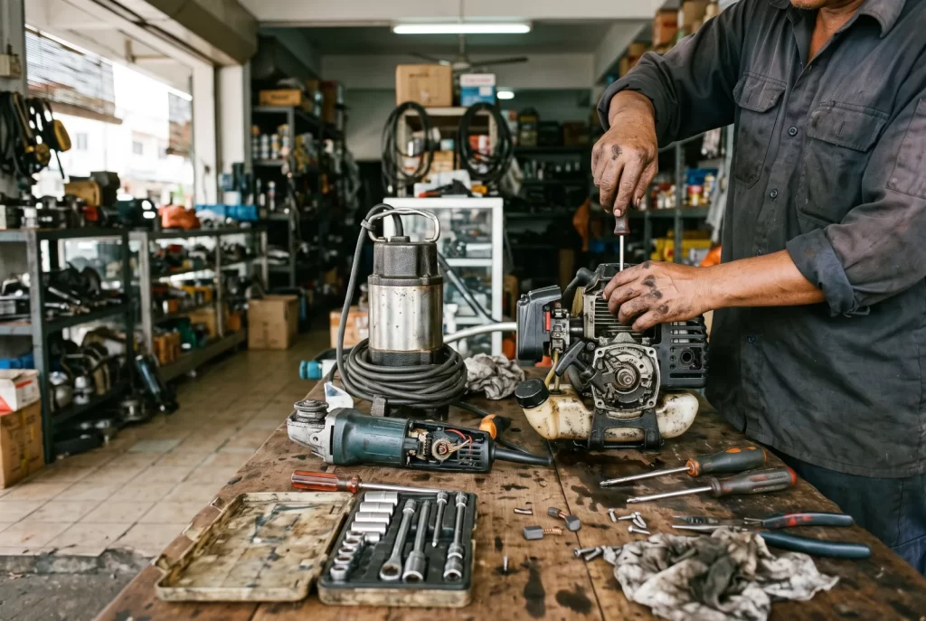 Juruteknik membaiki enjin mesin rumput, pam air dan grinder di bengkel kedai hardware di Kangar, Perlis